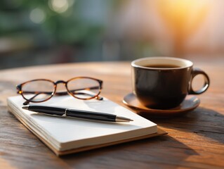 realistic pen, notebook, glasses and coffee cup on wooden table, morning light, clean composition, no branding

