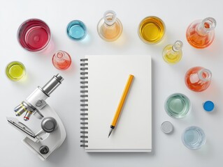 realistic lab glassware with colored liquids, microscope and notebook on white lab table, scientific research concept 