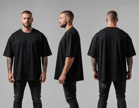 Oversized black t-shirt on brutal man in jeans, front, side, and back views, shirt isolated on background, male streetwear mockup set for branding and design