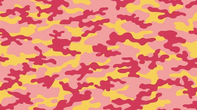 Colorful Camouflage Pattern Moving Across Bright Pink and Yellow Background in Slow Motion