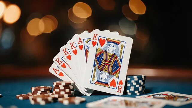 Close up of poker hand featuring a queen of hearts and king cards on table