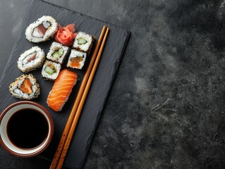 top view of sushi set with soy sauce and chopsticks on dark slate plate, minimal Japanese food styling