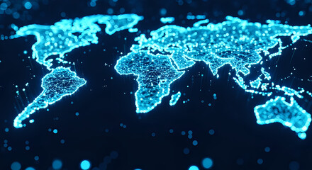 Global digital network connecting continents with glowing blue lines and nodes, representing technology and data flow.