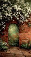 Brick archway overgrown with white flowers leading to a garden path