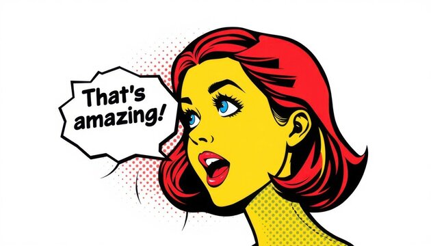 Pop art illustration, portrait of a girl, comic book style, girl looking to the side, mouth open as if speaking, speech bubble with stylized font "That's amazing!"