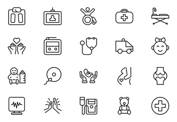 Fototapeta premium Nursing home line icon set with elderly care, disabled, nurse, emergency, medical, hospital, responsibility and caring.