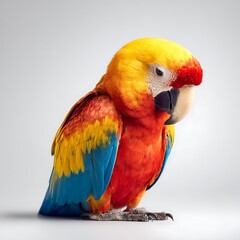 Obraz premium A colorful parrot looks down at the ground, looking sad and lonely.