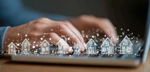 Person typing on a laptop, with small house icons overlaid on the keyboard