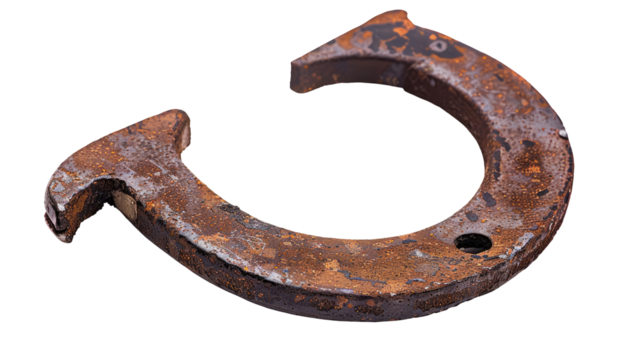 Rusty metal horseshoe-shaped piece.  Edges show wear