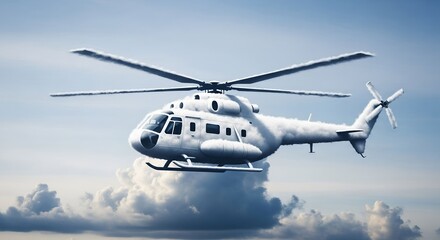 Helicopter flying through clouds in a clear blue sky during daytime
