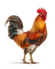 Fototapeta premium A bright rooster standing upright with a vivid red comb. Clear and simple for farm education or food labeling.