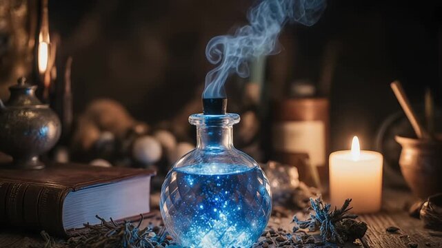 Enchanted potion with blue light and smoke on a wooden table surrounded by spell book