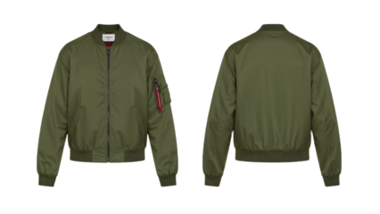 Classic olive green bomber jacket shown from the front and back. An isolated military-style flight jacket on a white background.