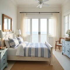 Fototapeta premium Coastal guest room with ocean view whitewashed walls striped linens driftwood accents and early morning sun casting soft glow