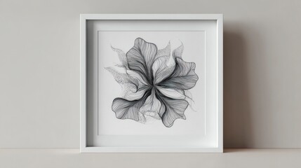 Abstract floral drawing in a white frame, set against a neutral wall and table