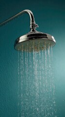 Shower head spraying water against teal wall
