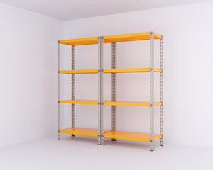 Pair of bright orange metal racks with four shelves each, standing side by side in a minimal white interior, ideal for storage or display in industrial, commercial, or residential spaces, 3d render