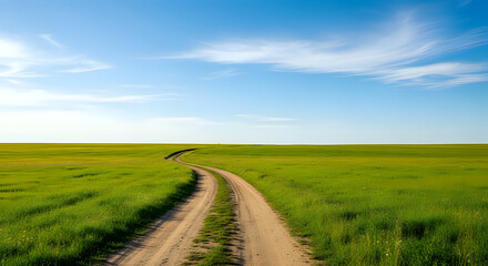 Winding dirt road through vibrant green fields under a vast blue sky with wispy clouds