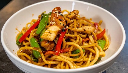 delicious asian food udon with noodles, chicken, hot pepper, vegetables 