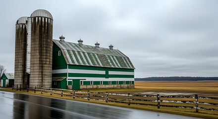 Obraz premium Iconic green and white barn with towering silos stands proudly on a rural roadside on an overcast day.