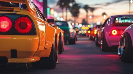 Row of yellow and pink sports cars with custom details wide tires parked on street at sunset for racing or car meet palm trees vibrant urban concept