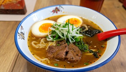 delicious ramen soup with beef and eggs 