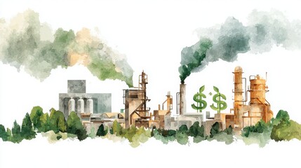 A watercolor illustration depicting industrial factories with smoke and dollar signs, highlighting the intersection of industry and finance.