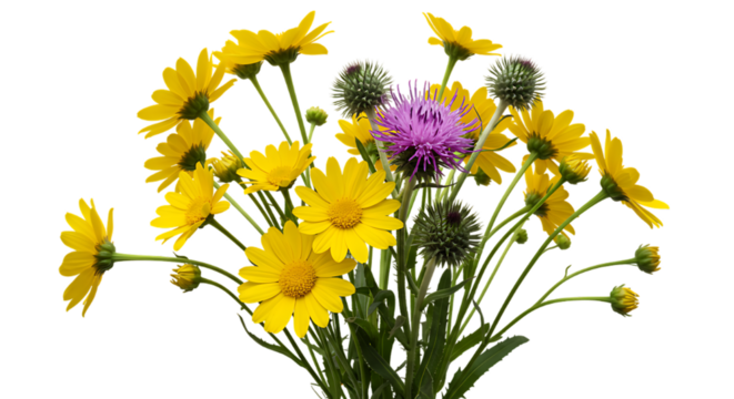 Vibrant bouquet featuring bright yellow daisies and a purple thistle against a black background - Powered by Adobe