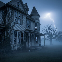 Spooky Haunted House on a Foggy Night with a Stormy Sky