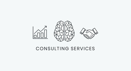 Simple graphic depicting consulting services, including growth, intelligence, and agreement.
