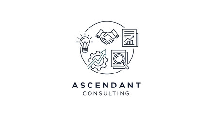 A circular logo with business icons, including a handshake, lightbulb, and documents, representing consulting.