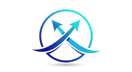 Abstract logo design featuring two crossed arrows within a circle, gradient blue tones.