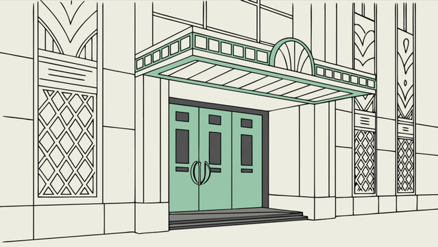 Illustration of art deco building facade with entrance doors and canopy architectural design element style