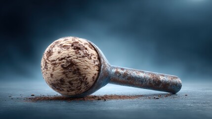 A close-up of a chocolate chip ice cream scoop resting on a weathered metal scoop against a soft, blurred background, creating an inviting dessert scene.