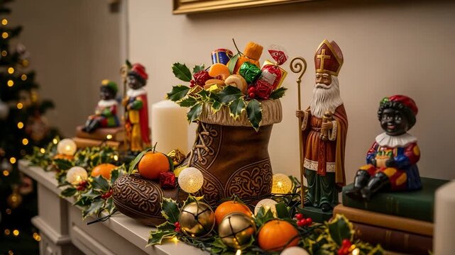 Sinterklaas and Zwarte Piet figurines on a festive mantelpiece. Traditional Dutch holiday decorations with a boot of candy and tangerines.