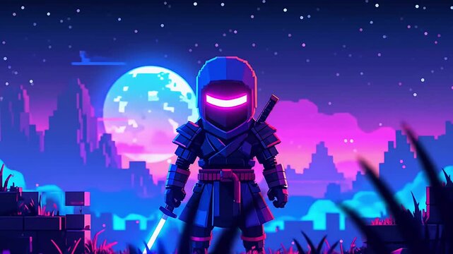 Pixelated ninja nighttime scene