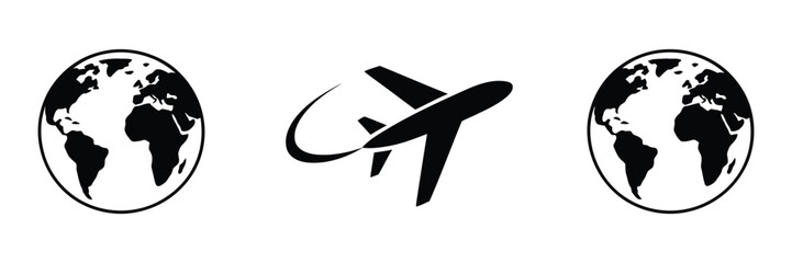 Obraz premium globe icons set with airplane flying around earth for travel tourism world trip journey concept vector