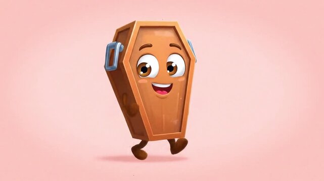 Cartoon coffin walking with tiny legs and cheerful colorful expression
