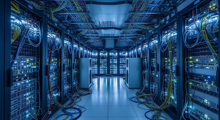 A server room filled with rows of servers and cables illuminated by blue lights in a data center