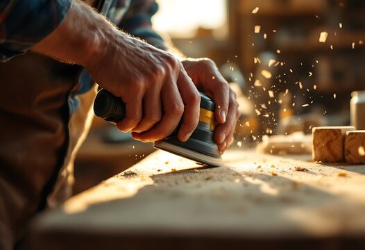 Close-up of a carpenter sanding wood with an electric sander, creating sawdust in a workshop.