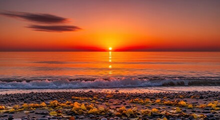 Obraz premium Scenic Sunset over a Calm Ocean with Rocky Shoreline and Autumnal Leaves
