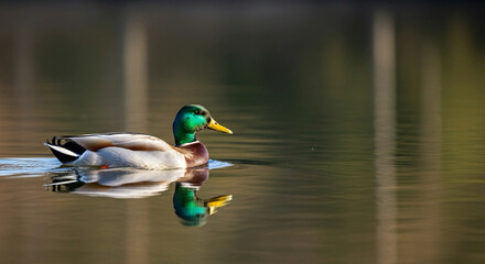 Fototapeta premium Mallard Duck Floating on Calm Reflective Lake