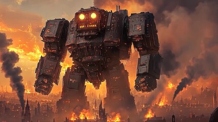 Huge steampunk robot towering over a city engulfed in flames - Powered by Adobe
