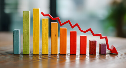 Downward financial trend being cut, conceptual image showing decreasing revenue