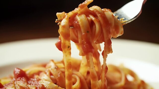 Close Up of Ribbon Pasta in Red Sauce on White Plate Under Warm Lighting Detailed Culinary Presentation Classic Italian Dish Featuring Vibrant Tomato Sauce Swirled on a Fork Against a Dark Backdrop