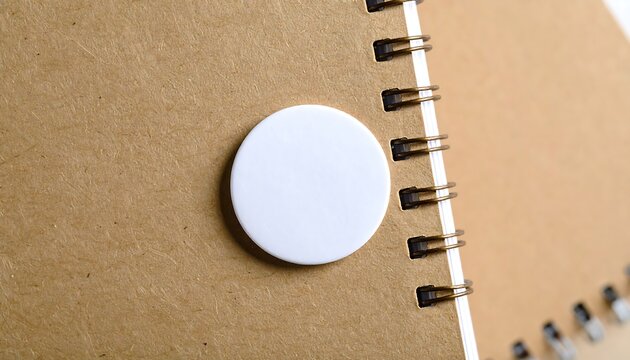 Minimalist concept with a blank white circular mockup for branding on a brown spiral notebook. Template with copy space for a logo or design.