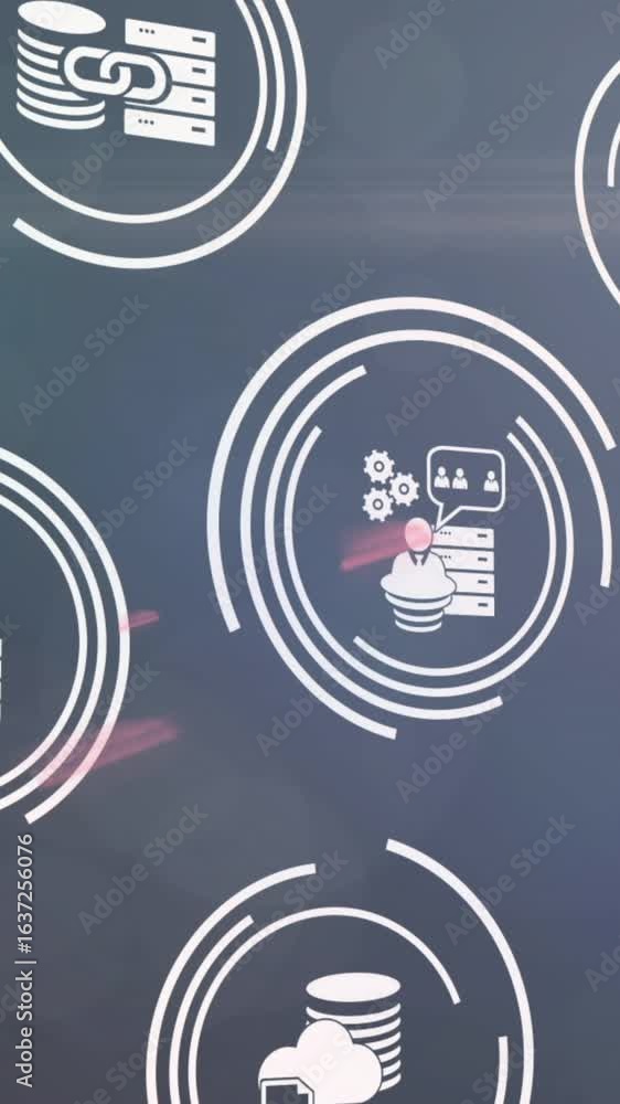 Poster animation of interface with business and data sharing icons over global network and data processing