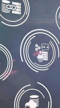 Animation of interface with business and data sharing icons over global network and data processing