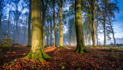 Sunlight filtering through a misty beech forest