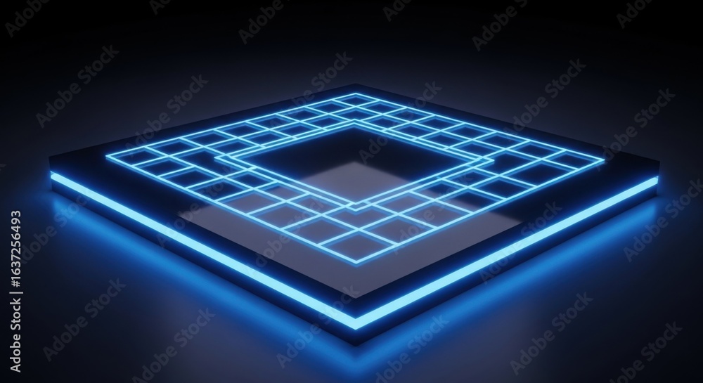 Poster glowing blue platform with square grid for product display